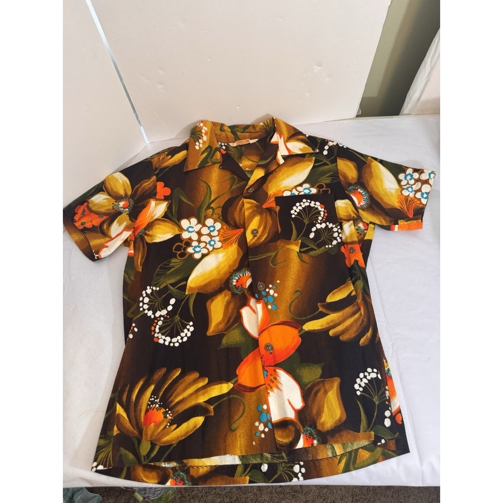 Vintage Royal Hawaiian Barkcloth Shirt‎ Men's Medium Aloha Floral Tiki Bright